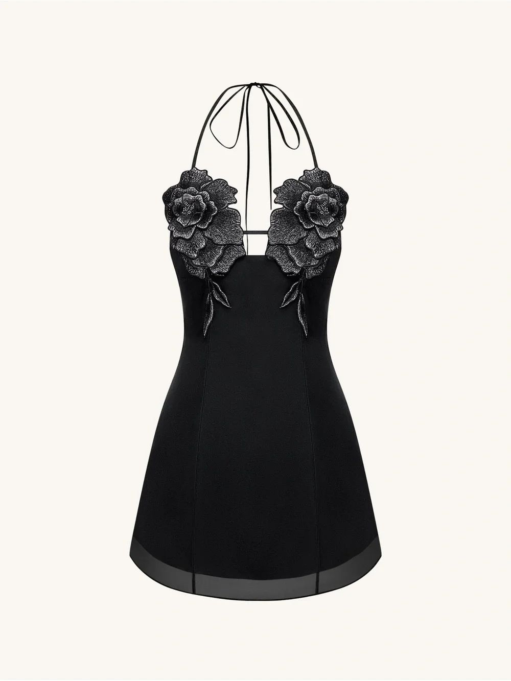 JW PEI Black Halter Mini Dress with 3D Floral Appliqué - Picture 2 of 5